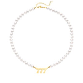 Angel Number Necklaces For Women 000 111 222 333 444 555 777 888 999 Pearl Choker Necklace Numerology Jewelry Gifts (777)