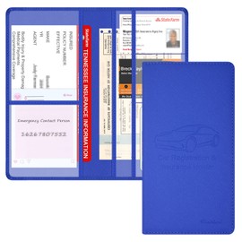 Techion Car Insurance and Registration Holder, 9.5 x 5 Inch PU Leather Vehicle Glove Box Organizer Wallet Case for Insurance Card, Driver License, Paperwork - Blue
