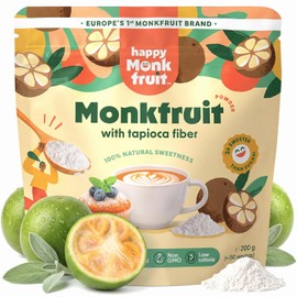 Happy Monkfruit 200 g, 150 Servings Natural Sweetness - 3x Sweeter Than Sugar Monk Fruit Sweetener Low Calorie - Monk Fruit Powder for Coffee Tea and Keto Nutrition