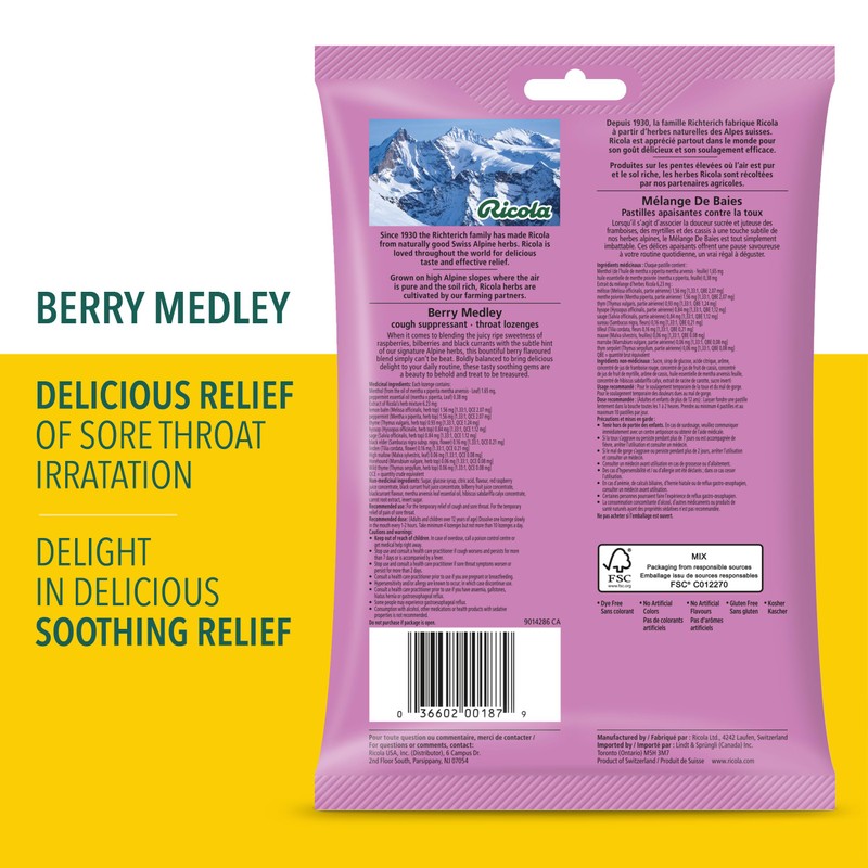 Ricola Berry Medley Cough Suppressant Throat Drops, 45 Count Bag