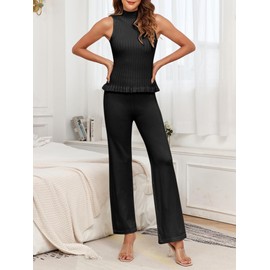 Famulily Leisure Wear Sets for Women UK Sleeveless High Neck Ribbed Tank Top and Knit Long Pants Black S