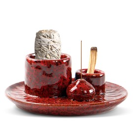 4 in 1 Palo Santo Holder, Ceramic Incense Holder, Sage Holder, Smudge Bowl, Palo Santo Burner, Incense and Candle Holder for Burning Sage for Smudge Meditation Yoga (Red)
