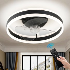 YPQXYHDA Low Profile Ceiling Fan with Light, 16in Flush Mount Ceiling Fan with 6 Wind Speeds, Smart Bladeless Ceiling Fan Light with Remote for Bedroom, Living Room(Black)