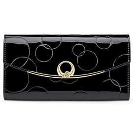 FUPUTWO Women's Long Wallet, Large Capacity, Enamel, Long Wallet, Tri-fold, Card Case, Black
