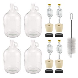 North Mountain Supply 1 Gallon Glass Fermenting Jug with Handle – Set of 4 – Includes 6.5 Rubber Stoppers, 6-Bubble Airlocks, Black Plastic Lids, and Cleaning Brush – 38mm CT Finish