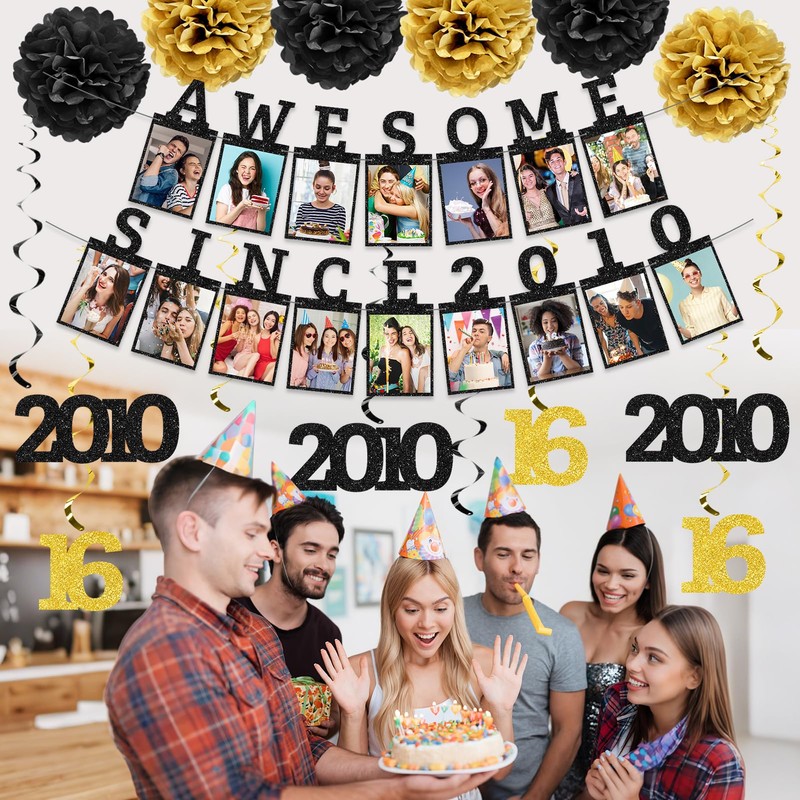Awesome Since 2010 Photo Banner, Black Gold Sweet 16 Party