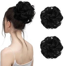 2 Piezas Chongos Postizos de Cabello, Postizo de Cabello Natural, Extensiónes de Moño de Pelo Rizado Desordenado, Moño de Pelo Rizado con Ondas Elásticas, Extensiones de Sintético, Pelucas para Mujer, Extensiones de Coleta Para Mujeres y Niñas (Negro)