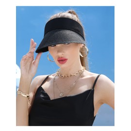 Rulala Fancy Womens Sun Hat Straw Visor UV Protection Wide Brim Packable Travel Summer Cap for Beach UPF 50+(Black)