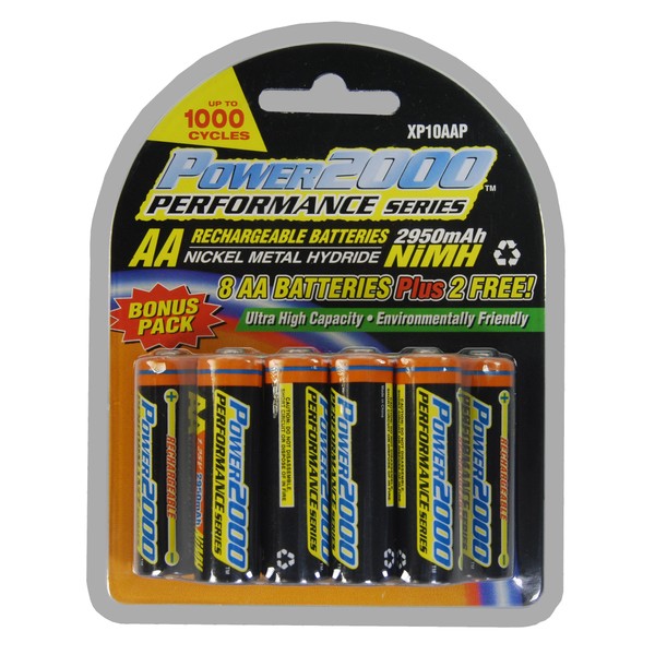 Power2000 AA Rechargeable Batteries, 1.2V Ni-MH, 2950mAh, 10 Pack