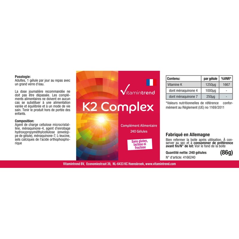 Vitamintrend Vitamin K2 Complex 1250 μg, 240 Capsules, Swallow-friendly, High