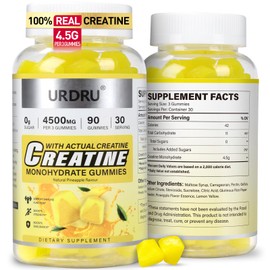 URDRU Sugar-Free Creatine Gummies for Men & Women - Third-Party Testing Creatine Monohydrate Gummies 4.5g, Energy Boost, Pre-Workout Supplement, Vegan, Non-GMO (90 Count, Pineapple)
