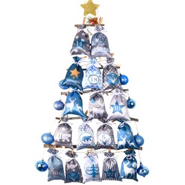 PANSIBY Advent Calendar for Filling, Christmas Calendar, Self-Fill Hanging with Blue Grey Fabric Bags, 24 Fabric Bags Large (12 x 20 cm) Chain for DIY Crafts for Children, Boys and Men