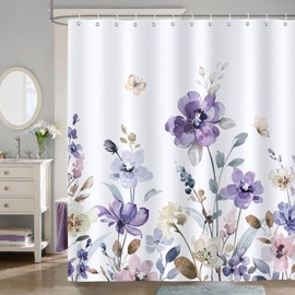 Bonhause Purple Floral Shower Curtain, Watercolor Lilac Flower Leaves Butterfly Elegant Bathroom Decor 72x84 Inch Polyester Fabric Waterproof Bath Curtain with 12 Hooks