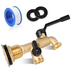 Rain Barrel Spigot Kit - with 2 Way NPT 3/4'' Outlet, Brass Rain Water Barrel Spigot with 1-1/4 inch Bulkhead Fitting for Rain Water Collection Barrel