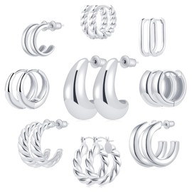 IDJEOABL Silver Hoop Earrings for Women 925 Sterling Silver Plated Brass Hoop Huggie Earring Set Chunky Thick Silver Ball Earrings Pack Not Tarnish