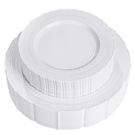 Nervure 60pcs White Plastic Plates - Heavyweight Vintage Disposable Plastic Plates for 30 Guests Include 30pcs 10.25” Dinner Plate,30pcs 7.5” Dessert Plate Perfect for Wedding & Party