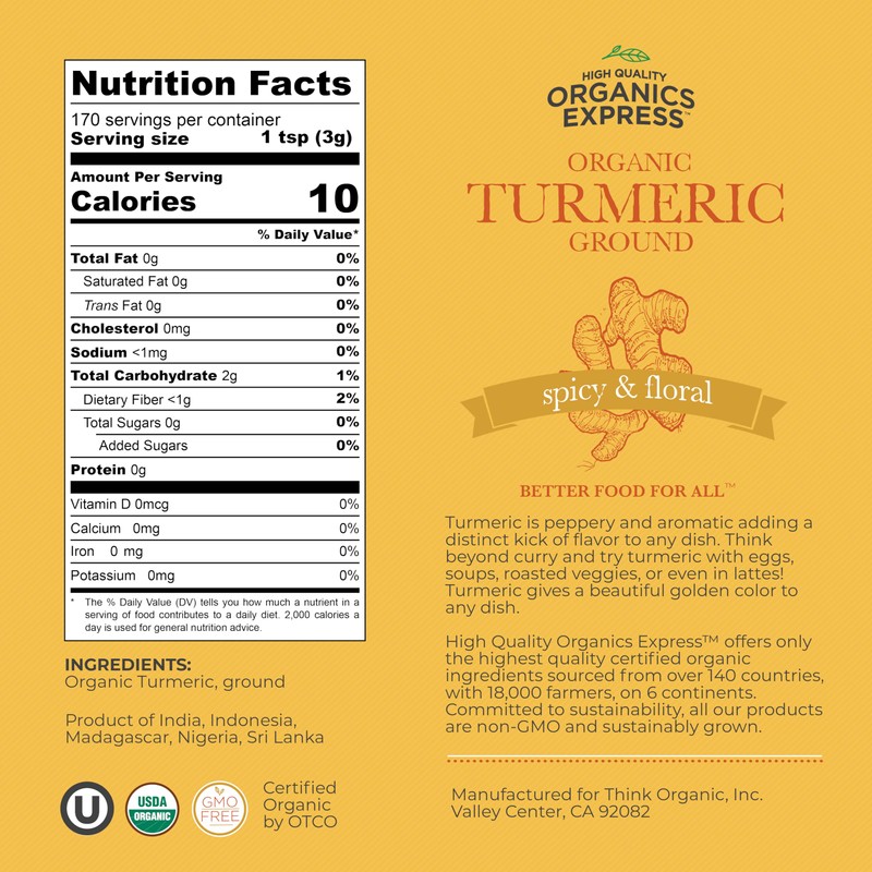HQOExpress Organic Ground Turmeric Powder – USDA Organic, Non‑GMO, Kosher,