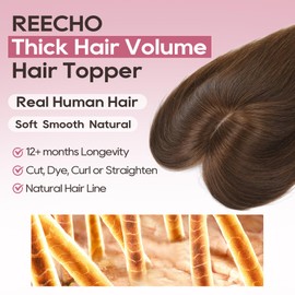 REECHO Human Hair Toppers with Bangs, Thick Hair Volume Topper Hairpiece for Women Real Human Hair Extensions for Daily Wear, Medium Brown