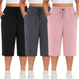 Neer 3 Pack Women's Plus Size Cotton Capris, Stretchy Wide Leg Cropped Pants with Pockets Loose Fit Lounge Pajama Sweatpants(Black, Pink, Dark Mix Gray,3XL)