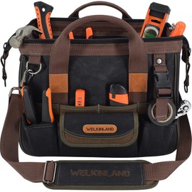 WELKINLAND WELKINLAND 30-Pockets Canvas tool bag, 14-Inch Heavy Duty tool bag, Waxed Canvas tool bags heavy duty, Tool duffel, Lineman tool bag, Electrician tool bag, Tool bags for electricians