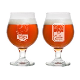 MIP Set of 2 Glass 16 oz Belgian Beer Tulip Stemmed Beer Glass The Prancing Pony and The Green Dragon