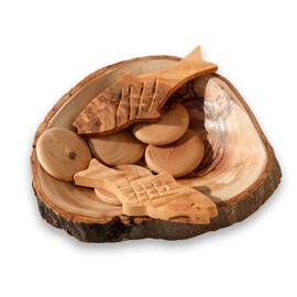 THE JERUSALEM GIFT SHOP SINCE 2004 Olive Wood Loaves and Fish Display - Handcrafted Biblical Miracle Replica from Bethlehem - Religious Home Decor & Sunday School Visual Aid - Holy Land Souvenir