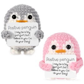 lasuroa Pack of 2 Funny Positive Penguin, 6.5 cm Knitted Penguin Toy with Positive Card, Positive Potatoes, Crochet Penguin for Family, Friends, Home Decoration (Grey, Pink)