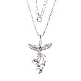 Matty's Charms 925 Sterling Silver Rising Phoenix Pendant Necklace with CZ Stones, 17.7 + 1.1 Inch Box Chain (Silver)