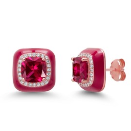 Gem Stone King Made In Italy 18K Rose Gold Plated Silver Red Simulated Ruby Red Enamel Earrings For Women (8MM Cushion, 1/2 Inch)