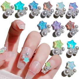 3D Macaron Star Nail Charms for Acrylic Nails, 6 Colors Pentagram Pearl Star Nail Rhinestones Mocha Star Charms for Nails Crystal Stars Rhinestones for Nails Kawaii Star Nail Gems Women Nail Supplies