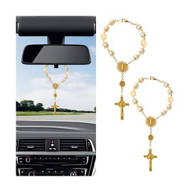 Zpana Rosary Cross Car Rearview Mirror Charm, 2PCS Hanging Vehicle Rear View Beads Pendant Decors, Religious Blessing Auto Interior Decoration Accessories, Universal for SUV RV Truck(Gold)
