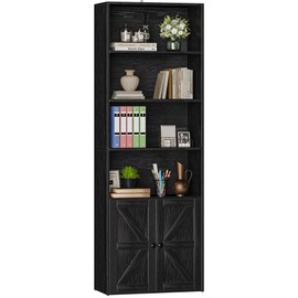 Furniwell Industrial Bookshelf and Bookcases with Doors Modern Bookshelf Cabinet Tall Bookshelf Storage for Home Office, Bedroom (Black)
