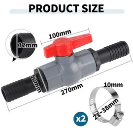 SWAWIS Ball Valve with Hose Connector PVC Shut-off Valve Pool Ball Valve Pool Valve Ball Valve for Hoses Includes 1 Shut-off Valve Internal Thread 1 1/4 Inch (40 mm), 2 Hose Nozzles 32 mm