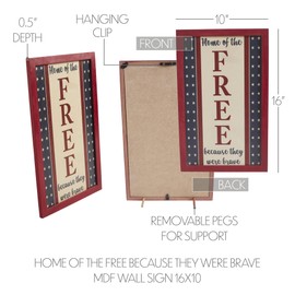 VHC Brands Patriotic Home Of The Free Because They Were Brave MDF Wall Sign 16x10, Independence Day Decor, Decorative Sign, Rustic Farmhouse Fourth of July Decorations, Light Tan, Deep Red, Navy Blue