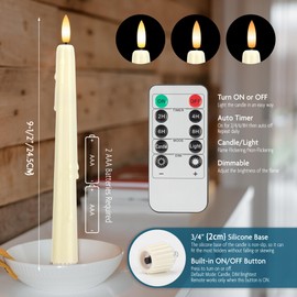 SEHNSY Dripless Flameless Taper Candles with Remote, Real Wax Battery Operated LED Candles Set with 3D Flickering Flame, 9.6" Realistic Dripless Candlesticks for Wedding Home Decor, 3 Pack Ivory