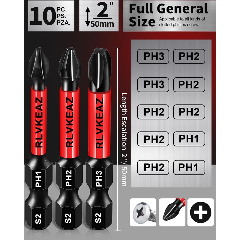 10-Pack Phillips Bits #1#2#3 Impact Magnetic, 2 Inch Phillips Head