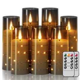 Lasumora Flameless Candles with Remote Timer, Embedded String Lights Candles Acrylic Flickering, Battery Operated LED Pillar Candles, 7 Pcs Unbreakable, Black, 2.3x5/5/5/6/6/7/7 inches