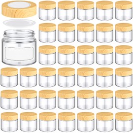 Layhit 36pcs Glass Jars with Lids Clear Small Jars with Plastic Woodgrain Lids, White Labels and Inner Liners Empty Round Cosmetic Containers for Creams Lotions Powder Ointments Candle Making (2 oz)
