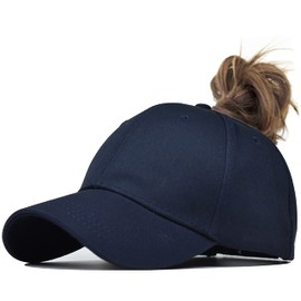 Solid Ponytail Hat Baseball Cap Cotton Mesh High Bun Pony Cap Women 56-58cm (22"-23") (Solid High Ponytial-Navy, Medium)