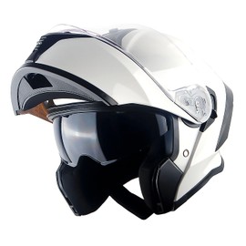 1Storm New Motorcycle Bike Modular Full Face Helmet Dual Visor Sun Shield with Rechargeable LED Tail Light: LED-X90 Glossy White