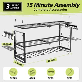Power Tool Organizer Wall Mount, 3 Layer Heavy Duty Tool Storage Rack with 7 Cordless Drill Holders, 150Lbs Load Utility Racks for Garage, Workshop, Shed, Basement, Ideal Organizer for Men, Husband