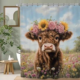 Kalmico Highland - Cortina de ducha de toro de vaca de 60 x 72 pulgadas de largo, divertido animal ganado, flores silvestres, primavera juego de accesorios para decoración con 12 ganchos