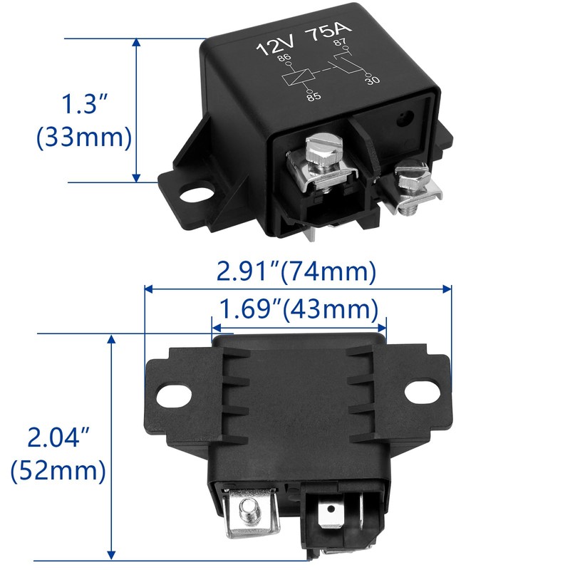 Weasch 2Pack 0332002168 Normal Open Power Relay, 12V 75A, Applies