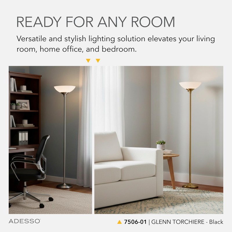 Adesso Black Torchiere Floor Lamp with Frosted White Shade –