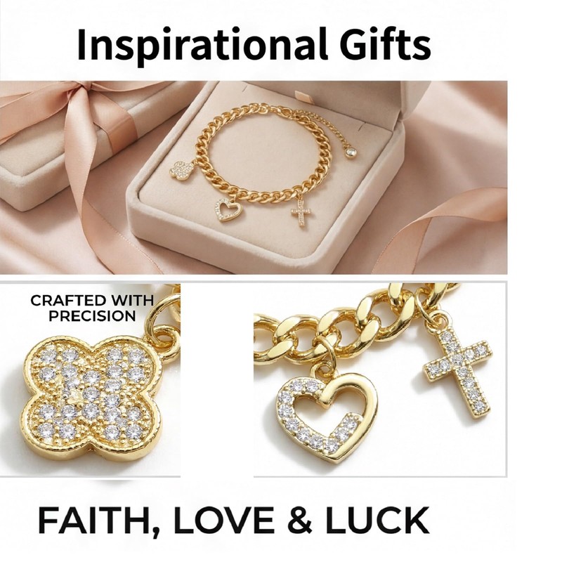 JTK Design Women Curb Chain Charm Bracelet Faith Love Lucky