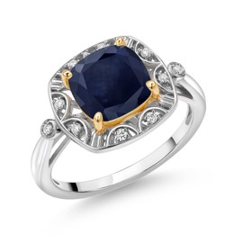 Gem Stone King 925 Sterling Silver and 10K Yellow Gold Blue Sapphire and White Lab Grown Diamond Engagement Ring For Women (2.89 Cttw, Cushion Cut 8MM, Available 5,6,7,8,9) (Size 7)