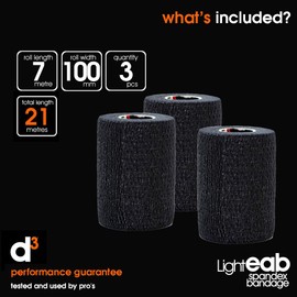 d3 Light Rip EAB Spandex Bandage Hand-Tearable Extra Wide Black 100mm x 7m (3 Rolls) Knee, Shoulder & Elbow Rugby Lineout Lifting Tape & Weightlifting Joint Strapping
