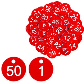 Jeffdad Plastic ID Number Tags, 1-50 Number Colourful Identification Tag, Numbered Tags Round Hole Hang Tags, Number Tags Keychain Number Label Round Key Ring (Red)
