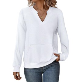 EADINVE Womens V Neck Sweatshirts with Pockets Fleece Pullover Casual Loose Fit Long Sleeve Tops Fall Clothes 2025 White