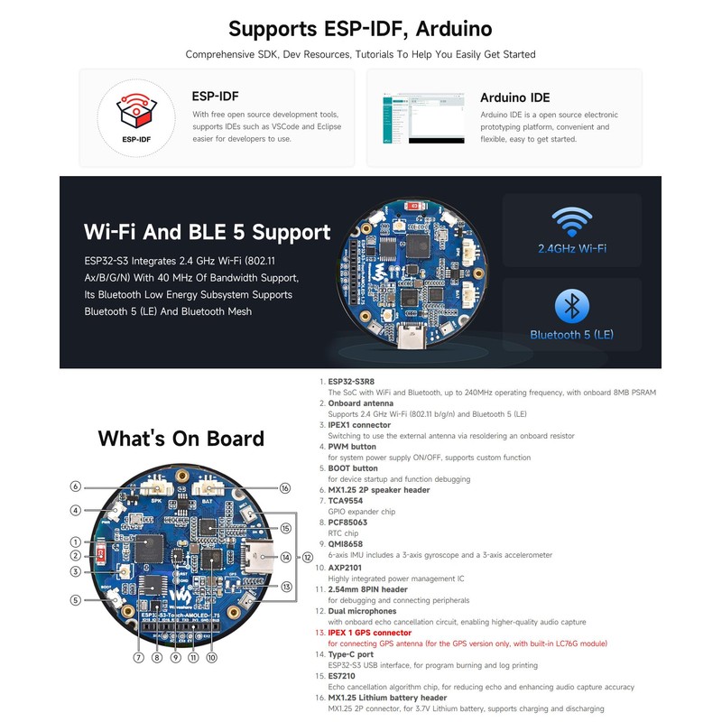 Waveshare ESP32-S3 1.75 inch AMOLED Round Touch Display Development Board